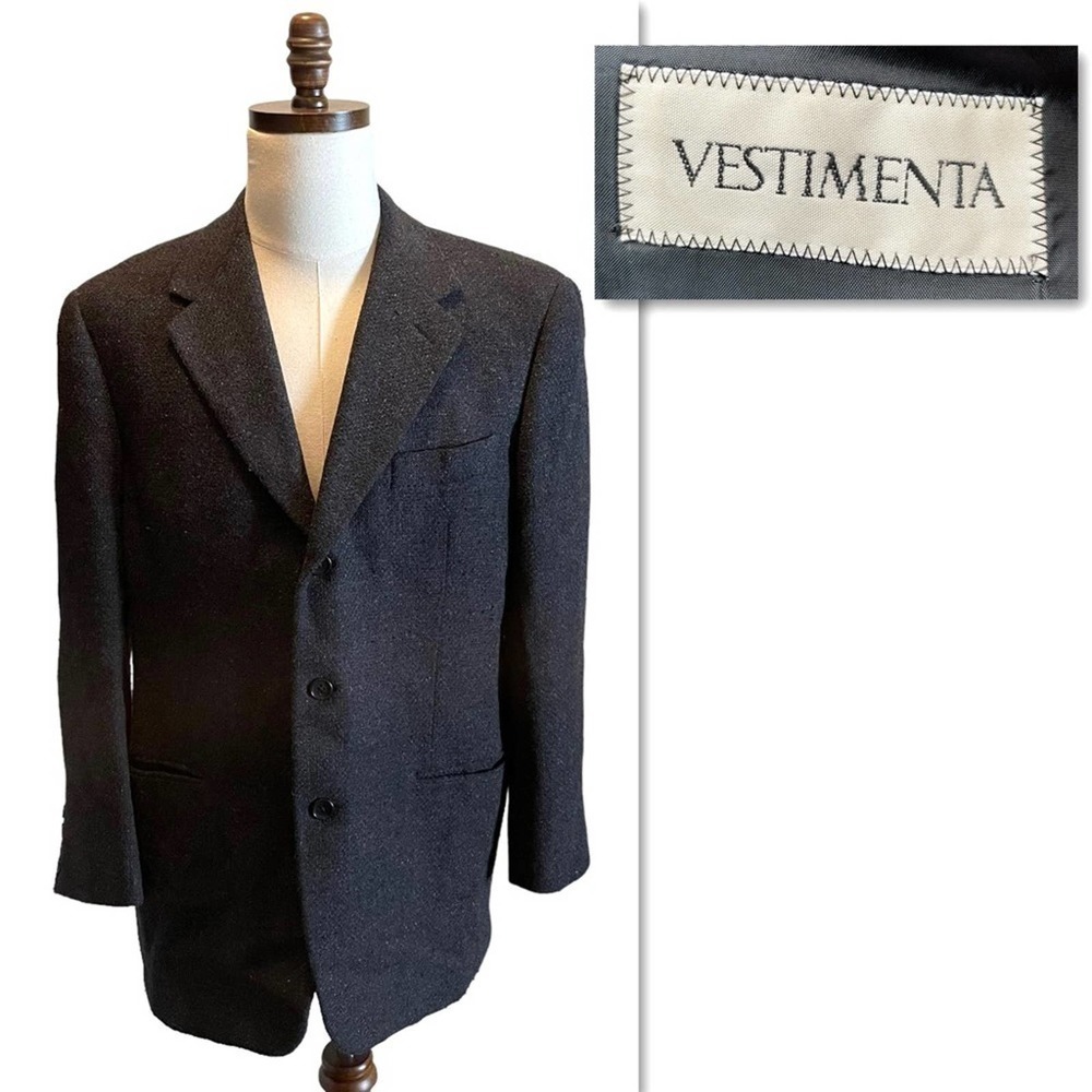 VESTIMENTA SPA ARMANI Suit Jacket Blazer Tweed Black Blue Size 40R Italy
